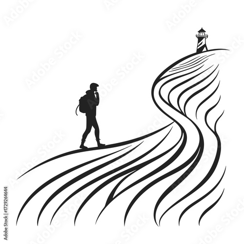 Silhouette of a backpacker walking towards a lighthouse on a stylized, wavy dune-like path, evoking a sense of journey and destination