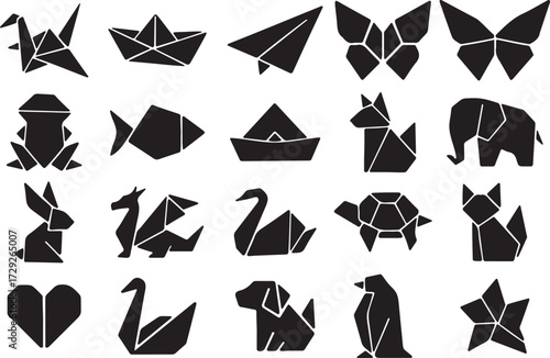 Origami Glyph Icon Set Paper Crane, Boat, Airplane, Animals, Flowers, Stars and Folded Shapes in Solid Vector Style