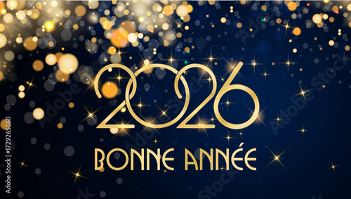carte ou bandeau pour souhaiter une bonne année 2026 en or sur un fond bleu  avec des ronds et des paillettes de couleur or en effet bokeh 