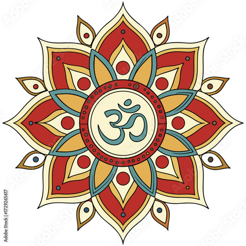 Vibrant om mandala design with intricate petals and spiritual symbolism