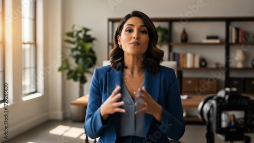 A professional businesswoman in a blue suit gesturing and speaking directly to the camera for a video recording in a well-lit office setting