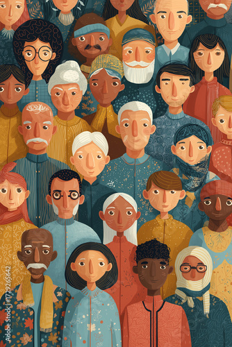 Vector illustration celebrating elderly people from different cultures all benefiting from AI technology, diverse skin tones and traditional clothing, inclusive design