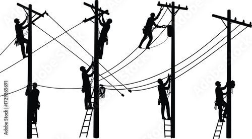 Silhouettes of utility workers repairing power lines on poles with ladders, harnesses, teamwork, safety equipment, electricity maintenance, infrastructure service illustration