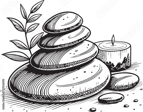 Hot Stone Set and Candle SPA Hand-drawn Vector Illustration, Sketch Drawing Doodle Line Linear Symbol Icon Engraving Coloring Book, Black and White Isolated