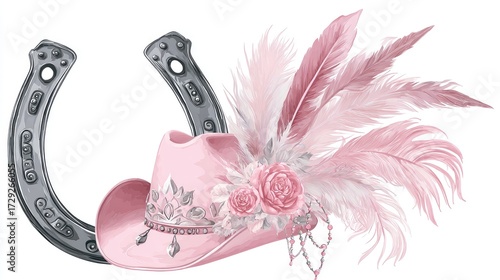 A pink cowboy hat with flowers and feathers