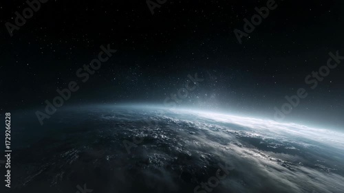 Outer space scene showing Earth's curved horizon, realistic style, starry dark background, concept of cosmic beauty and exploration