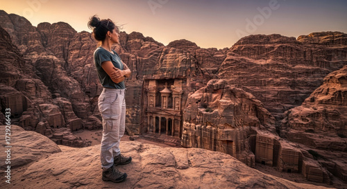 Ancient City Carved into Sandstone Mountains at Sunrise