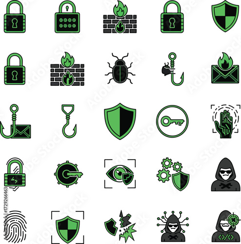 Set of cyber security icons vector glyph design elements for data protection isolated on white backg