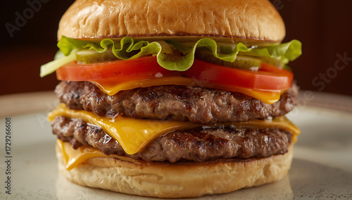 Double cheeseburger with two beef patties melted cheese lettuce tomato and pickles hamburger double burger