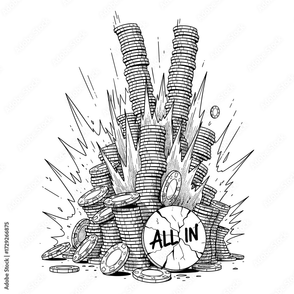 Exploding Poker Chips in Comic-Style Illustration in Black and White, All In
