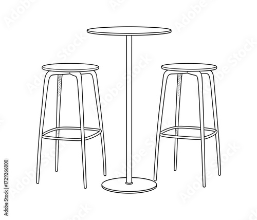 Round table and tall stools line drawing in modern style in black and white