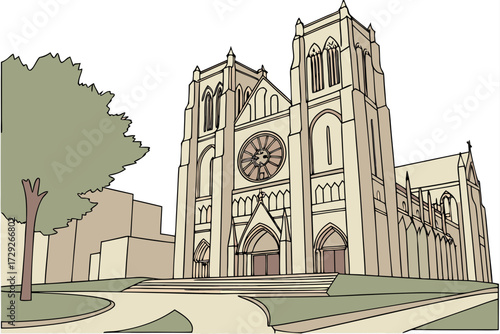 Grace Cathedral in San Francisco, California, grand Gothic church with stained glass rose window and labyrinth path