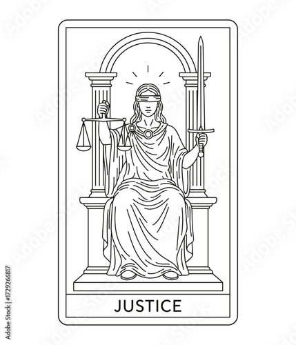 Justice Tarot in Line Art in Black and White