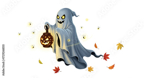 Friendly Ghost with Lantern and Autumn Leaves Halloween Illustration for Fun Design