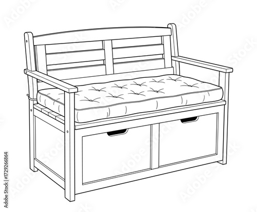 Storage Bench Furniture in Clean Line Drawing in Black and White