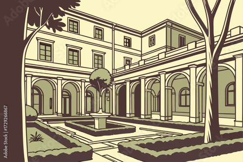 Frick Collection in New York City, New York, elegant mansion gallery with lush garden courtyard