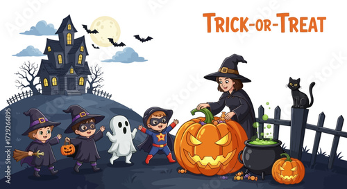 Children in Halloween costumes celebrate with a witch carving a large jack-o'-lantern near a spooky haunted house.