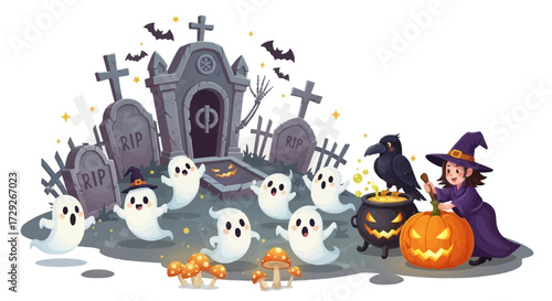 A Halloween scene featuring a witch stirring a cauldron, ghosts, gravestones, bats, a crow, and a carved pumpkin.
