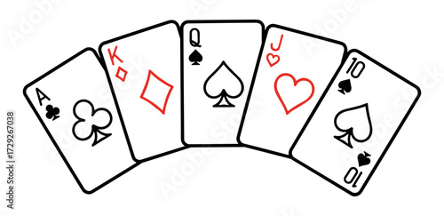 Playing cards in line art in red and black, vector