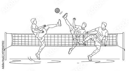 Sepak takraw players against a white background