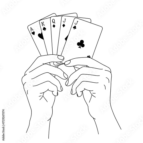 Hands holding playing cards against a white background