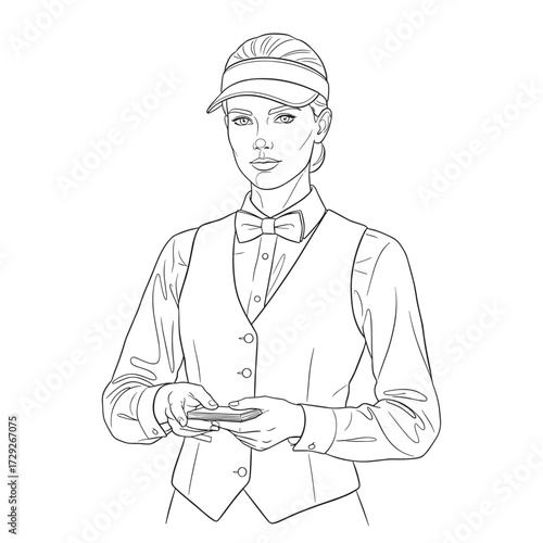 Woman dealer in line art in black and white