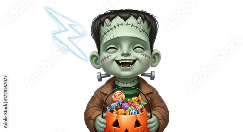 A happy cartoon child dressed as Frankenstein's monster, holding a jack-o'-lantern bucket overflowing with colorful Halloween candies, with a playful lightning bolt above.