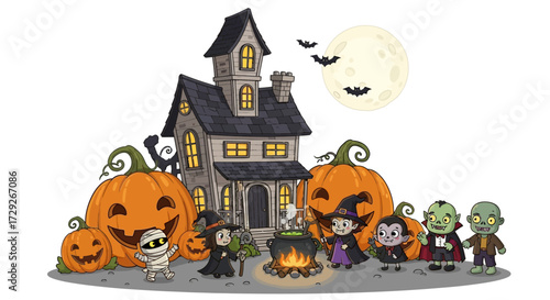 Cute Halloween scene with costumed children, pumpkins, a haunted house, a full moon, and flying bats.
