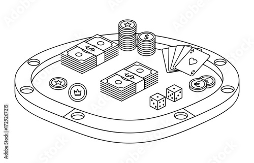 Casino table isometric line drawing in black and white
