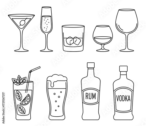 Drink icons line drawing set in black and white
