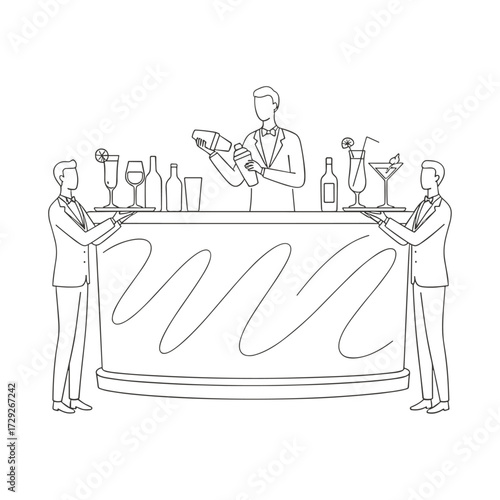  Bartender and waiters against bar interior