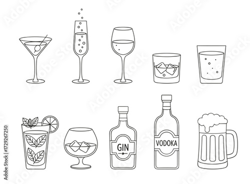 Alcoholic beverages line drawing set in black and white