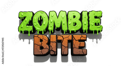 The words 'ZOMBIE BITE' displayed with distinct textures, 'ZOMBIE' in green slime and 'BITE' in cracked brown earth, casting shadows.