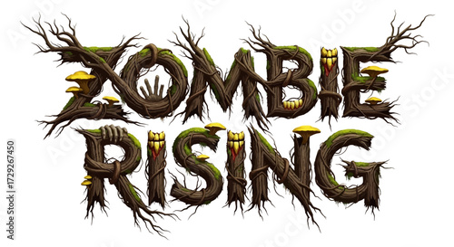 Organic and ominous typography crafted from gnarled tree branches, lush moss, and eerie fungi, depicting a mysterious reawakening from nature's depths