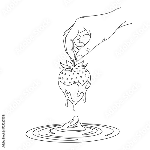 Chocolate-Dipped Strawberry Illustration in Minimal Line Style in Black and White