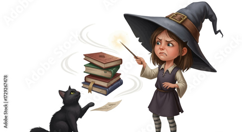 A young witch in a large hat casts a spell on books while a black cat reaches for a flying paper.
