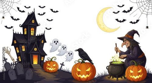 Spooky Halloween scene featuring a haunted house, pumpkins, and a witch brewing a potion.