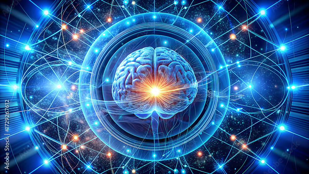Obraz premium Abstract digital brain with neural network and glowing energy