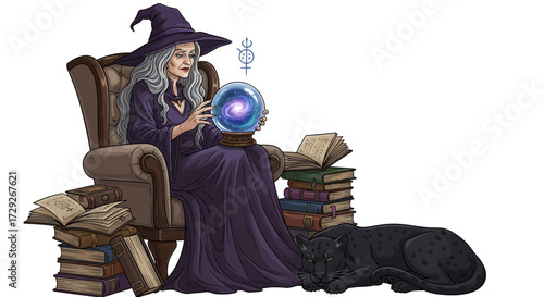A wise witch in a purple gown gazes into a crystal ball, surrounded by books.
