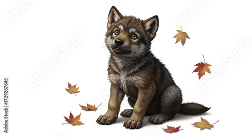 A cute wolf pup sits surrounded by falling autumn leaves, looking up with a curious and innocent expression.