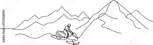 Continuous line art of a snowmobile rider with a mountain range background
