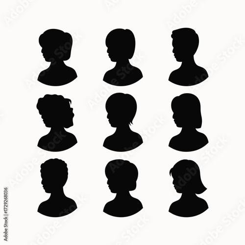 Nine Black Silhouettes of Human Heads in Profile View Keywords: silhouette, head, profile, human