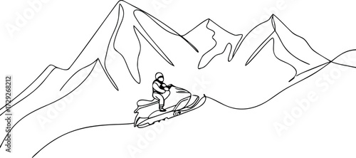 Minimalist one line drawing of a person riding a snowmobile in the mountains