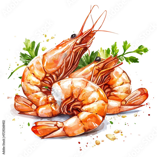 watercolor vector of Garlic Shrimp, isolated on a white background.