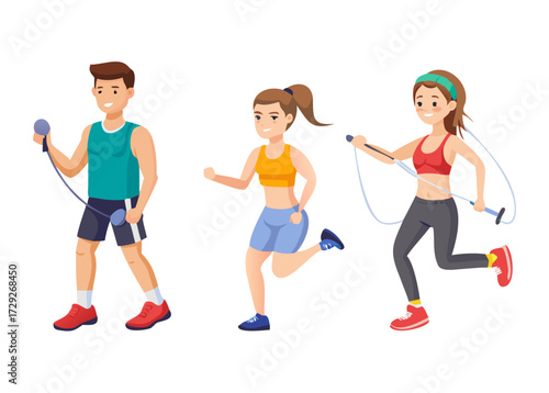 Vector Set Of Character Performing Fitness Activities Including Skipping Rope, Weightlifting, And Jogging. Cartoon Illustration Promoting Healthy Lifestyles, Workout Routines, And Fitness Programs.ai
