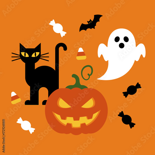 A festive Halloween illustration featuring a black cat, a smiling jack-o'-lantern, a ghost, a bat, and scattered candy on an orange background.