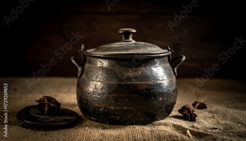 Dark, aged metal pot on burlap