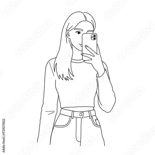 Young woman taking a selfie with smartphone in casual outfit  