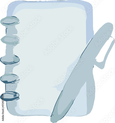 A simple blue-toned illustration of a notebook with a spiral binding and a pen placed on its side, symbolizing writing, journaling, and organization.
