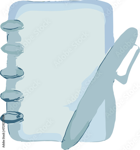 A simple blue-toned illustration of a notebook with a spiral binding and a pen placed on its side, symbolizing writing, journaling, and organization.